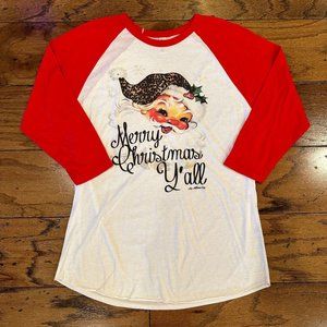 Large Ladies Merry Christmas Y'all Santa Leopard Baseball Tee